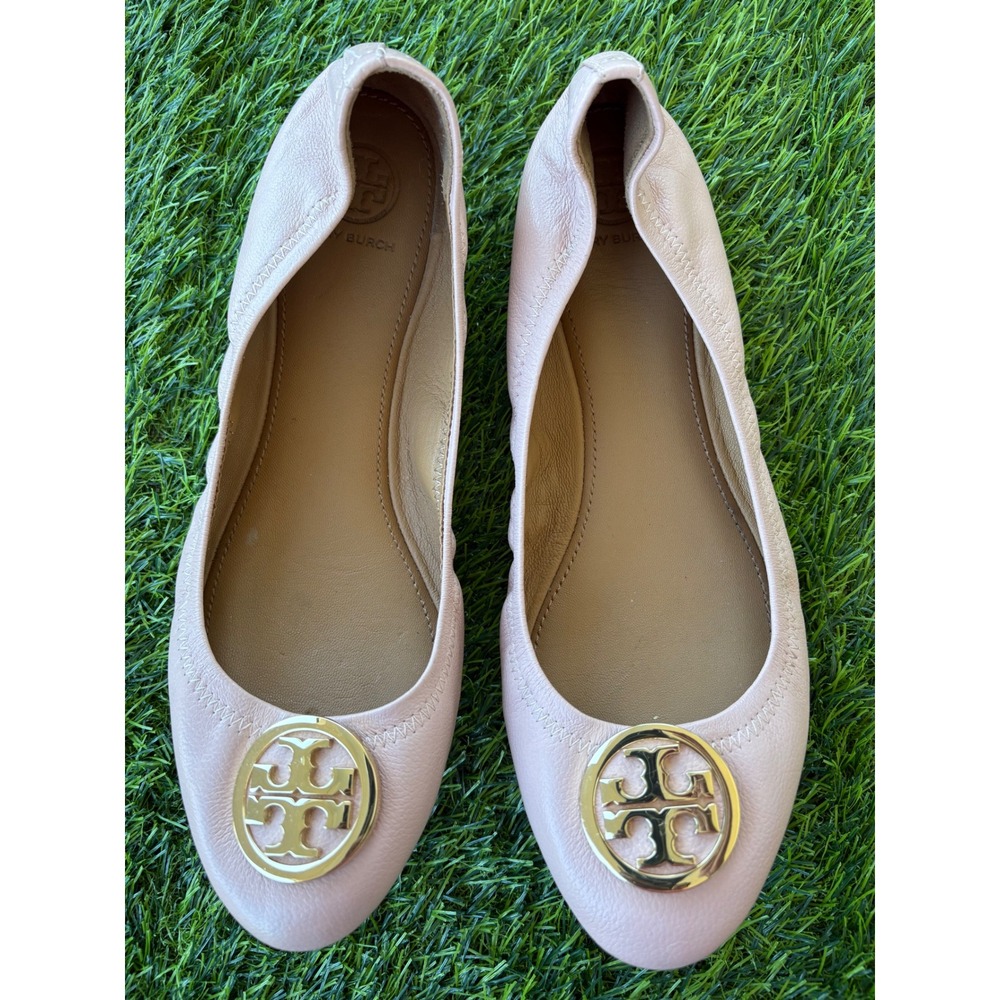 Tory Burch Claire Ballet Flats Pink Leather Gold Logo Medallion Size 8.5M